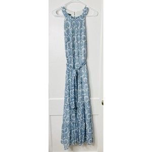 Talbots Womens Sz 8 Halter Maxi Dress White Blue Paisley Chiffon Tiered Peasant